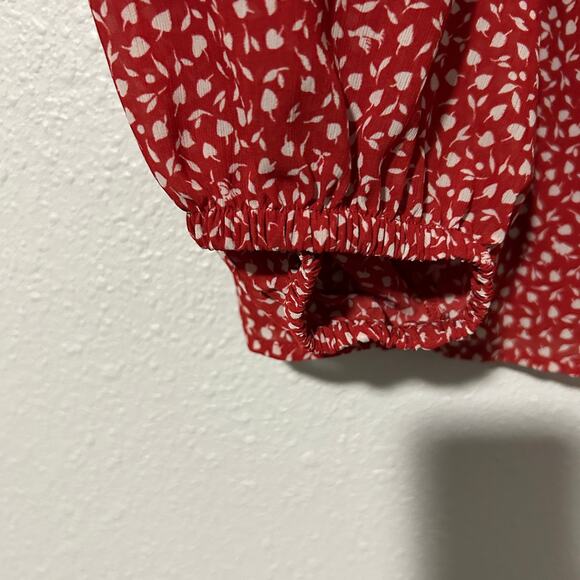 Madewell Lucie Smocked Peplum Top Red Floral Size 6 Square Neck Balloon Sleeve - Picture 5 of 9